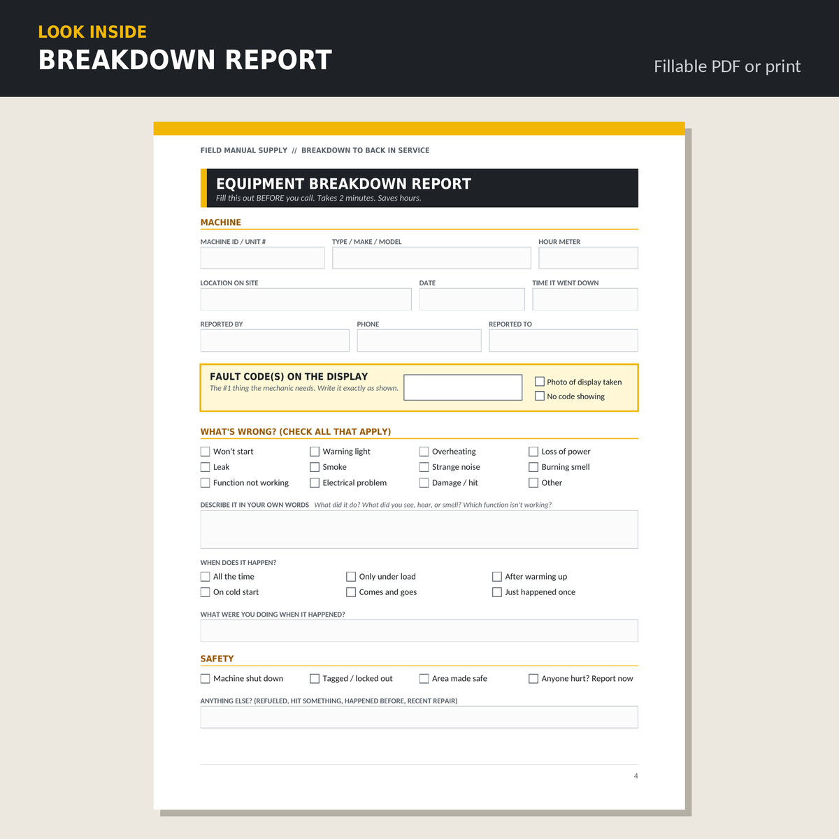 Breakdown to Back in Service: Equipment Breakdown Report Kit + Downtime Tracker
